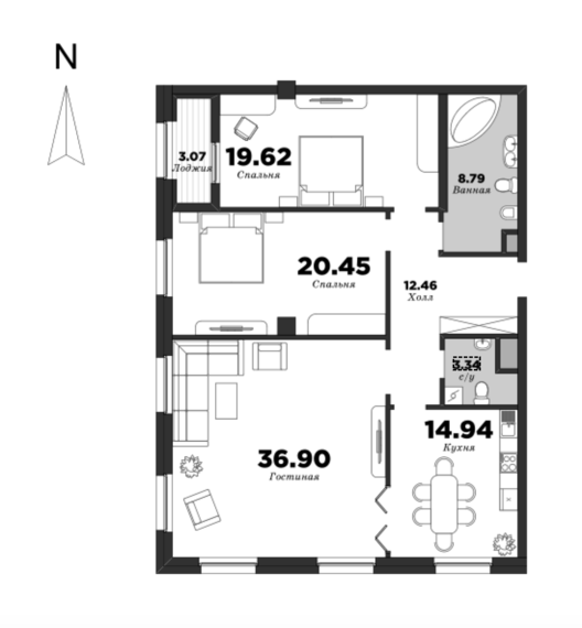 NEVA HAUS, Корпус 2, 3 спальни, 118.04 м² | планировка элитных квартир Санкт-Петербурга | М16